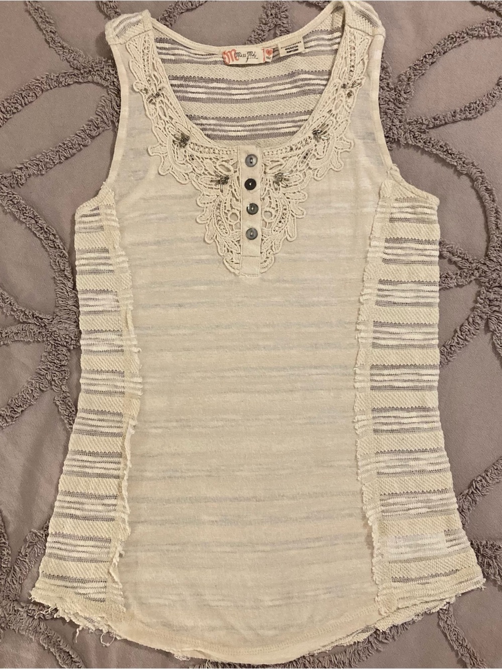 Miss Me Girls XL Boho Crochet Lace Tank Top Cream Hippie Beaded Embellishments